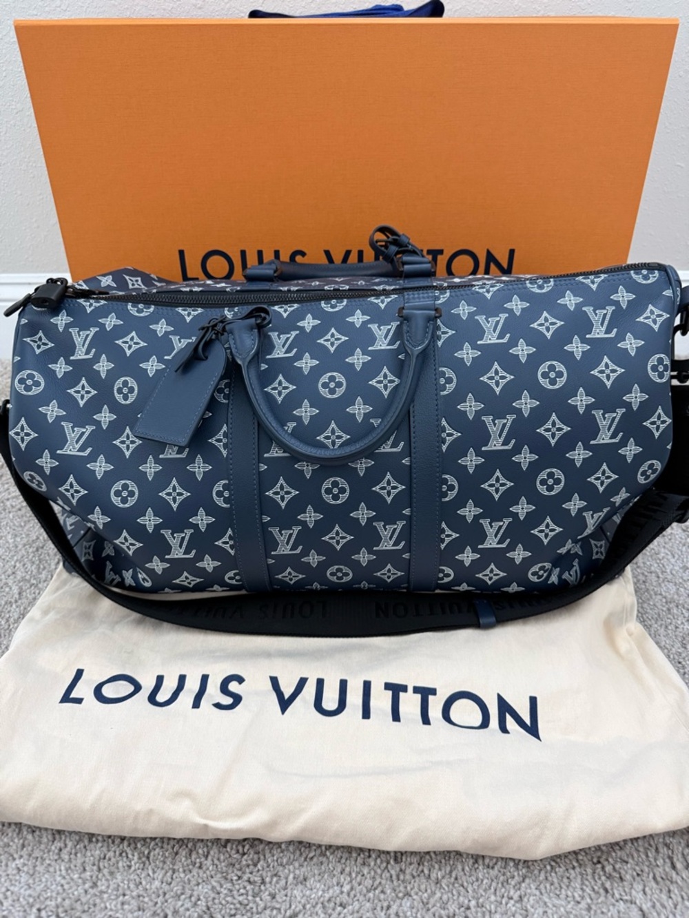 Louis Vuitton Navy & White Monogram Keepall Duffel Bag